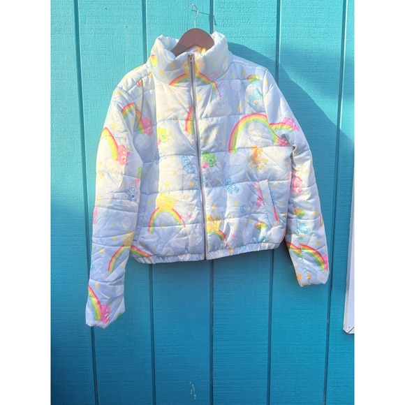 Care Bears Puffer Jacket Rainbow Clouds Stars Quilted Full Zip Blue Sz LG - Picture 1 of 9